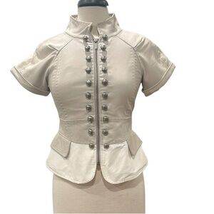 BCBGMaxAzria Cream Crop Short Sleeve Leather Jacket Military Buttons Peplum XS
